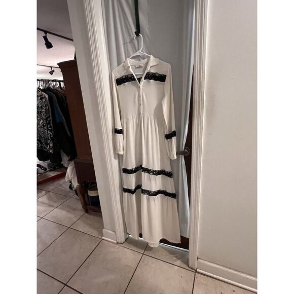 Sugarfree White Black Crochet Tiered Maxi Dress Size S Boho Cottagecore Prairie - Picture 2 of 9